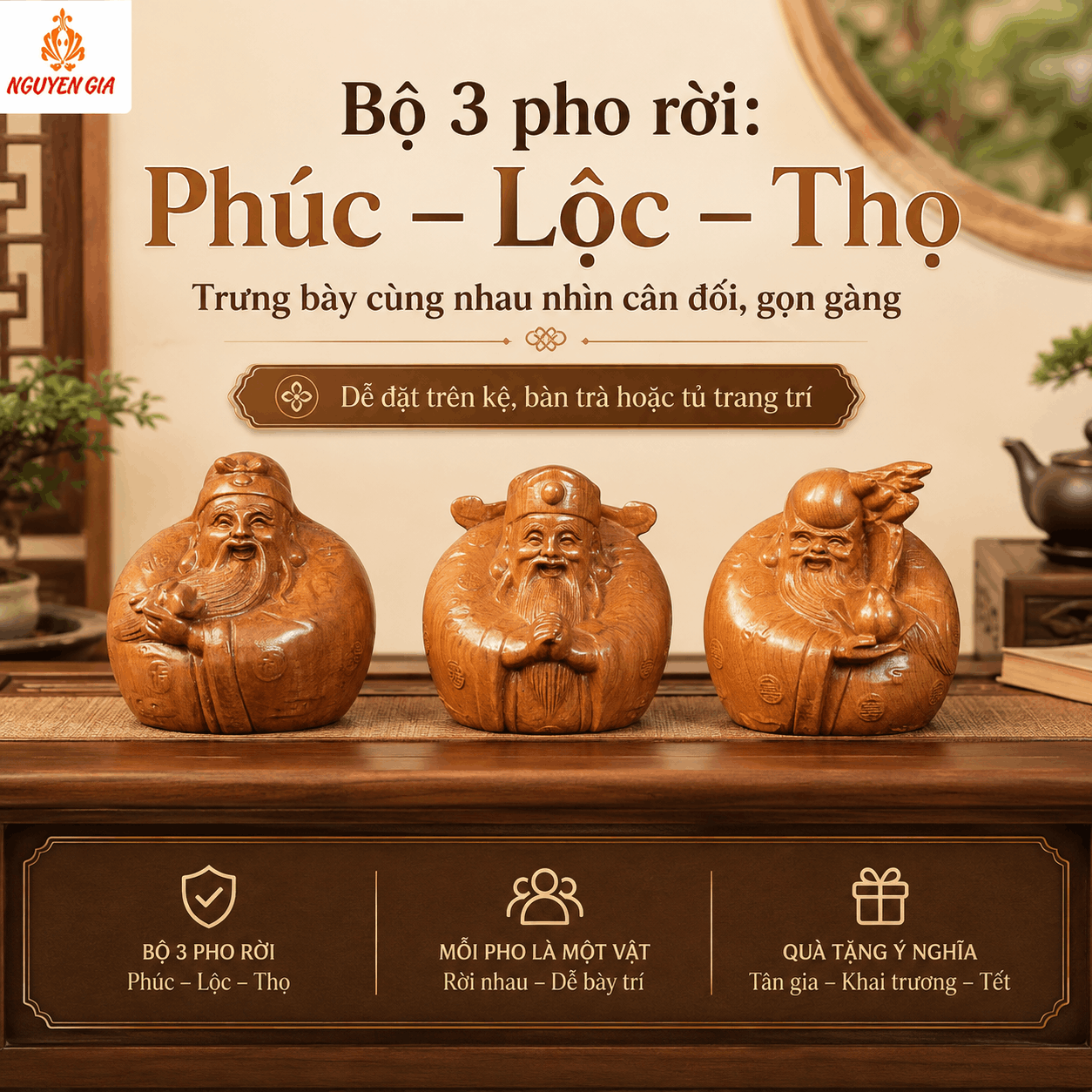 Bộ tượng Tam Đa mini gỗ Bách Xanh 8 cm – 3 pho rời