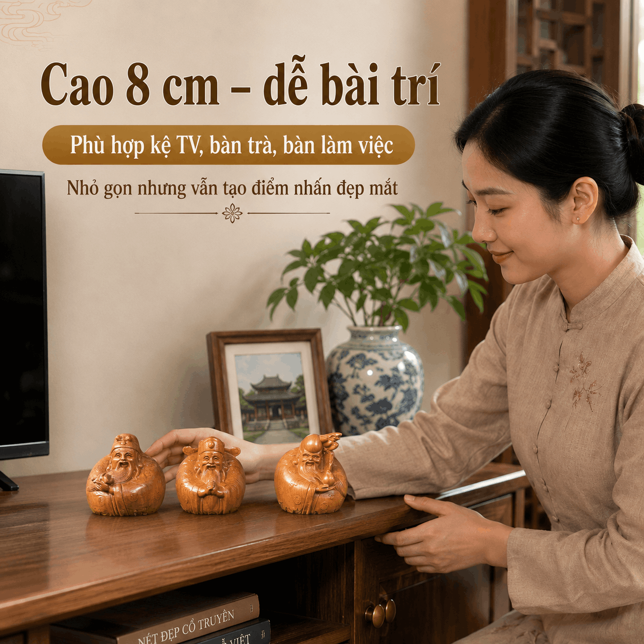 Bộ tượng Tam Đa mini gỗ Bách Xanh 8 cm – 3 pho rời