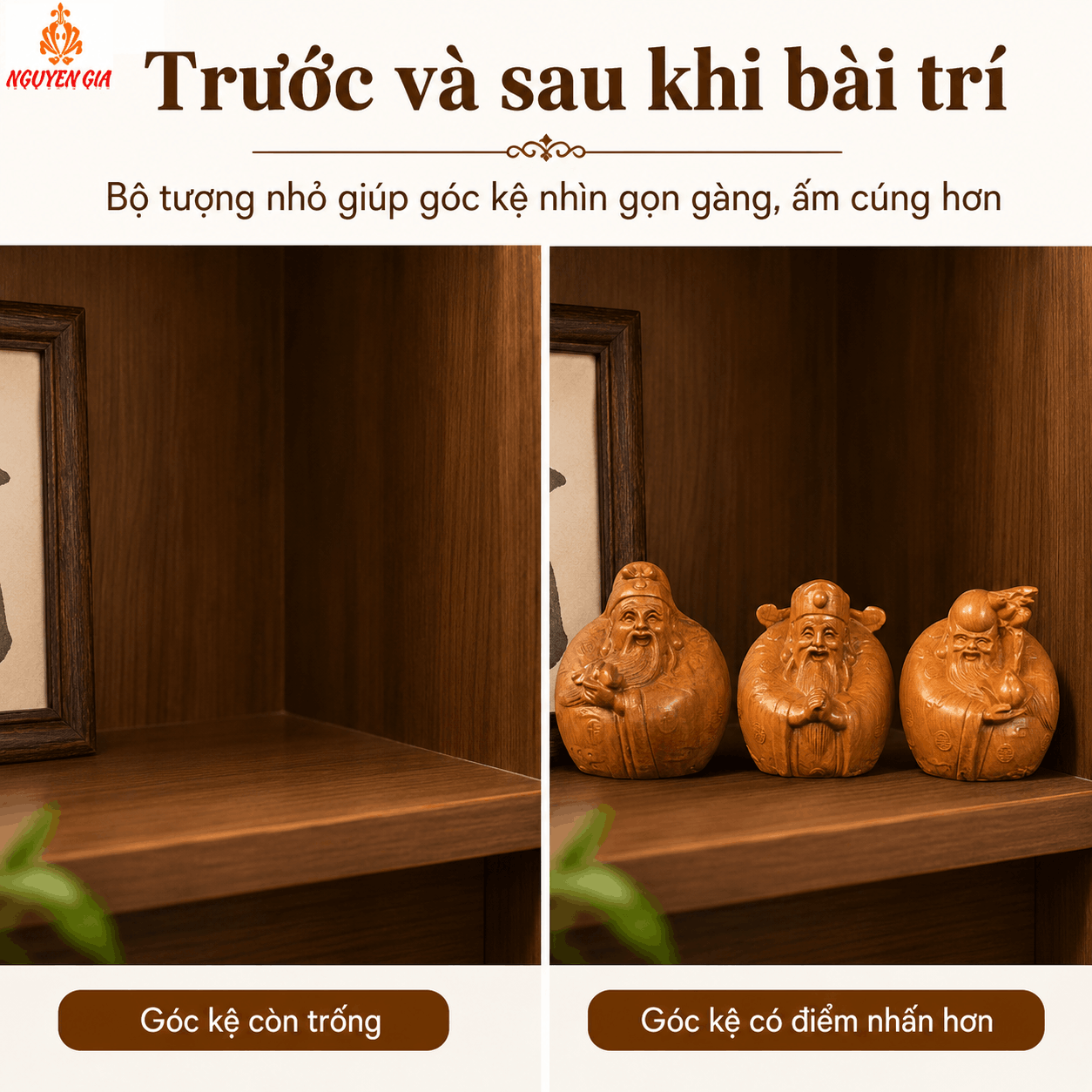 Bộ tượng Tam Đa mini gỗ Bách Xanh 8 cm – 3 pho rời