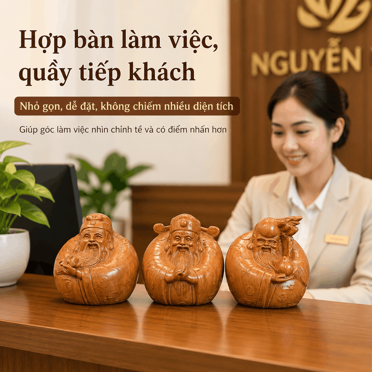 Bộ tượng Tam Đa mini gỗ Bách Xanh 8 cm – 3 pho rời