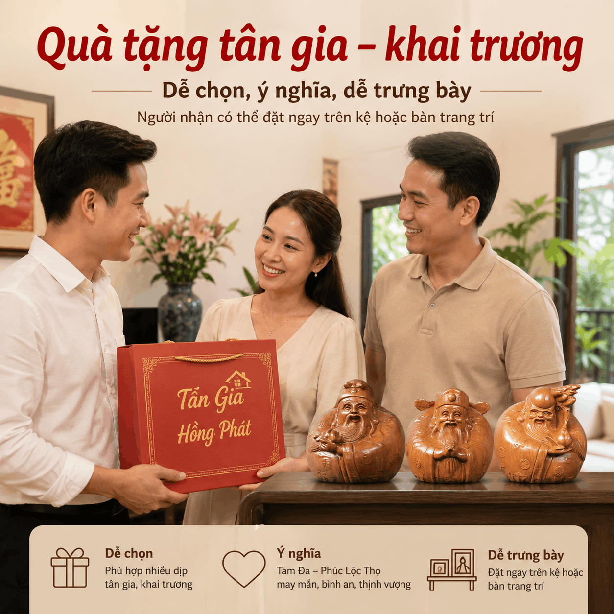 Bộ tượng Tam Đa mini gỗ Bách Xanh 8 cm – 3 pho rời