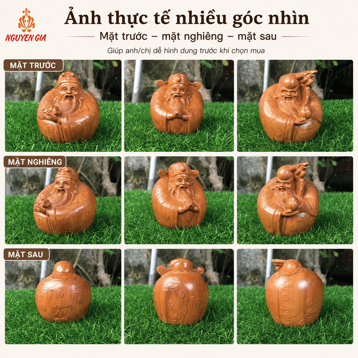 Bộ tượng Tam Đa mini gỗ Bách Xanh 8 cm – 3 pho rời