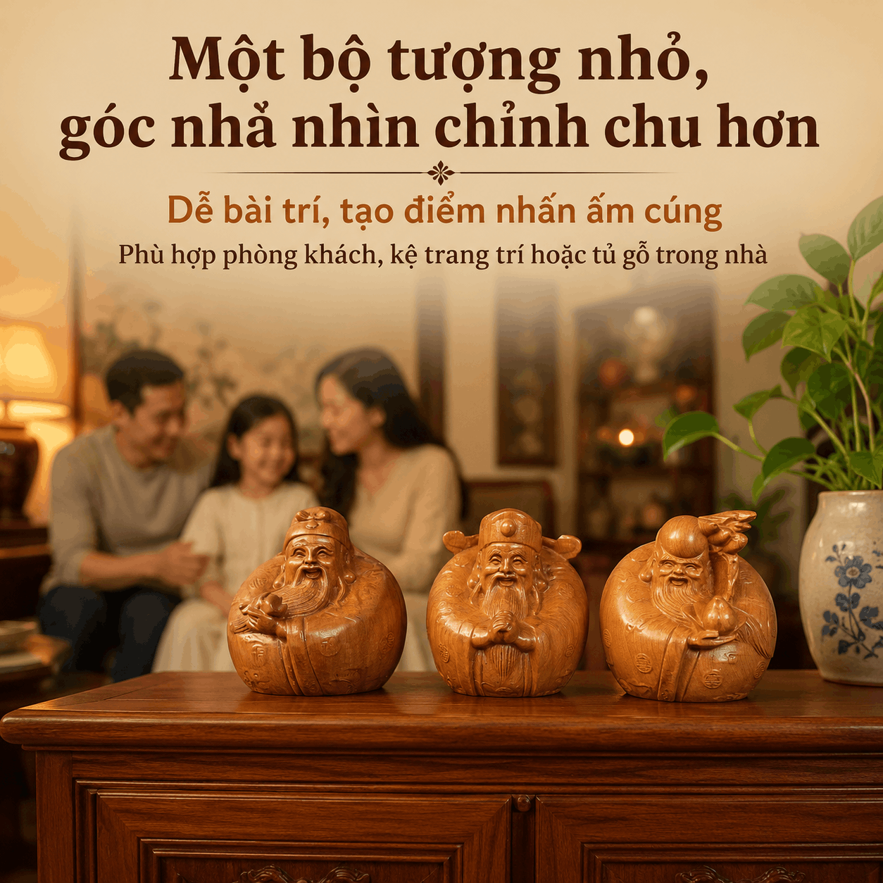 Bộ tượng Tam Đa mini gỗ Bách Xanh 8 cm – 3 pho rời