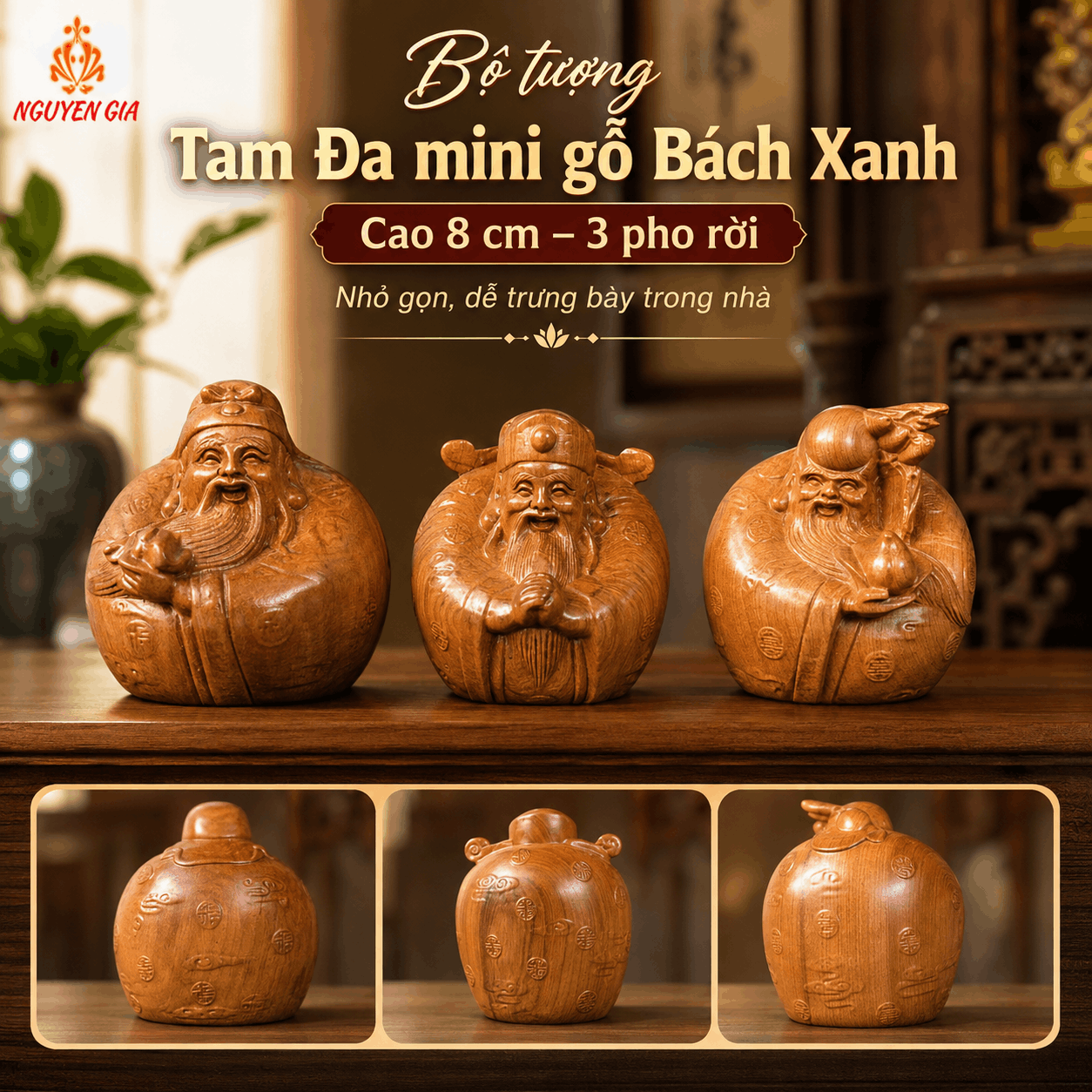 Bộ tượng Tam Đa mini gỗ Bách Xanh 8 cm – 3 pho rời