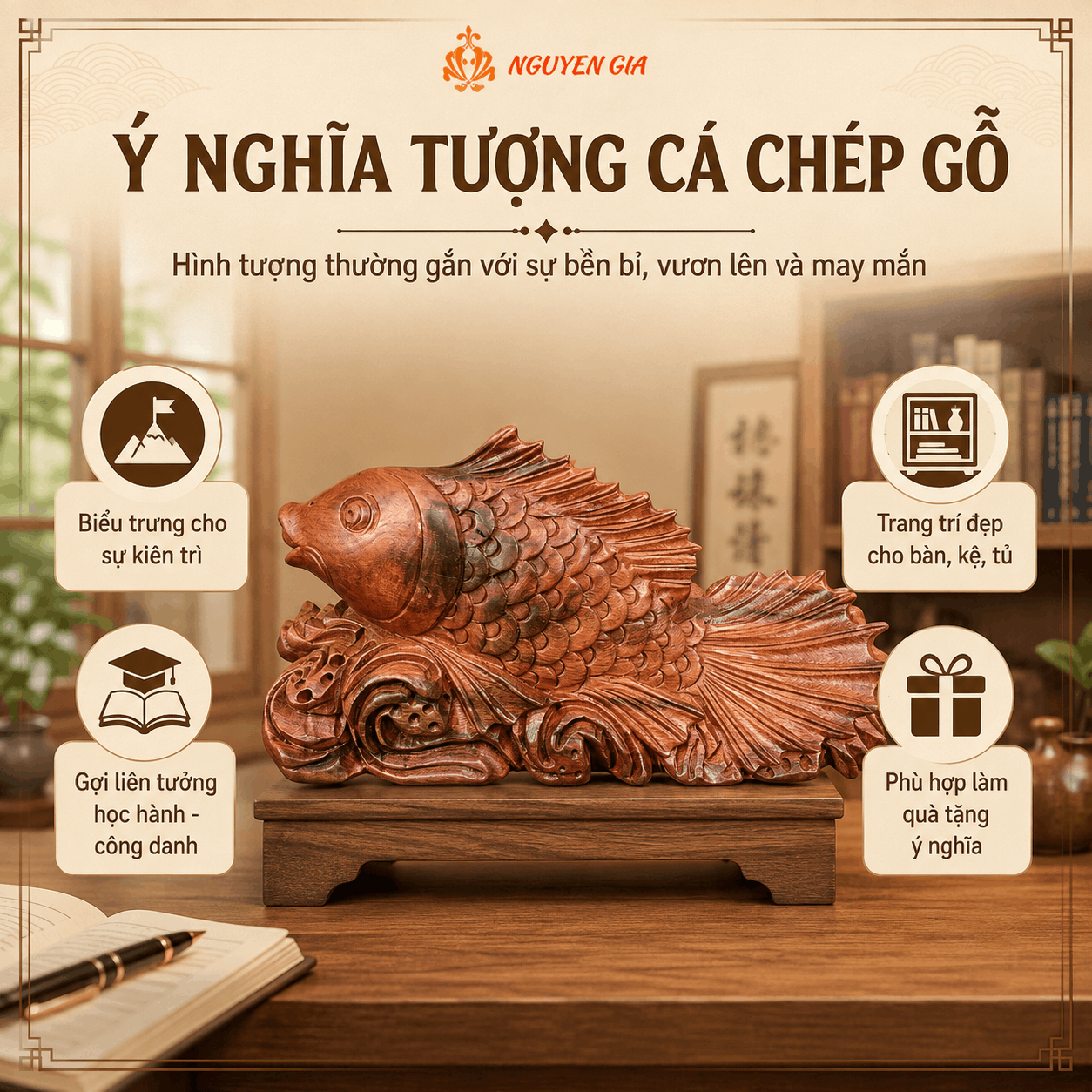 Tượng c&aacute; ch&eacute;p phong thủy bằng gỗ: &yacute; nghĩa, c&aacute;c kiểu tạo h&igrave;nh v&agrave; c&aacute;ch chọn
