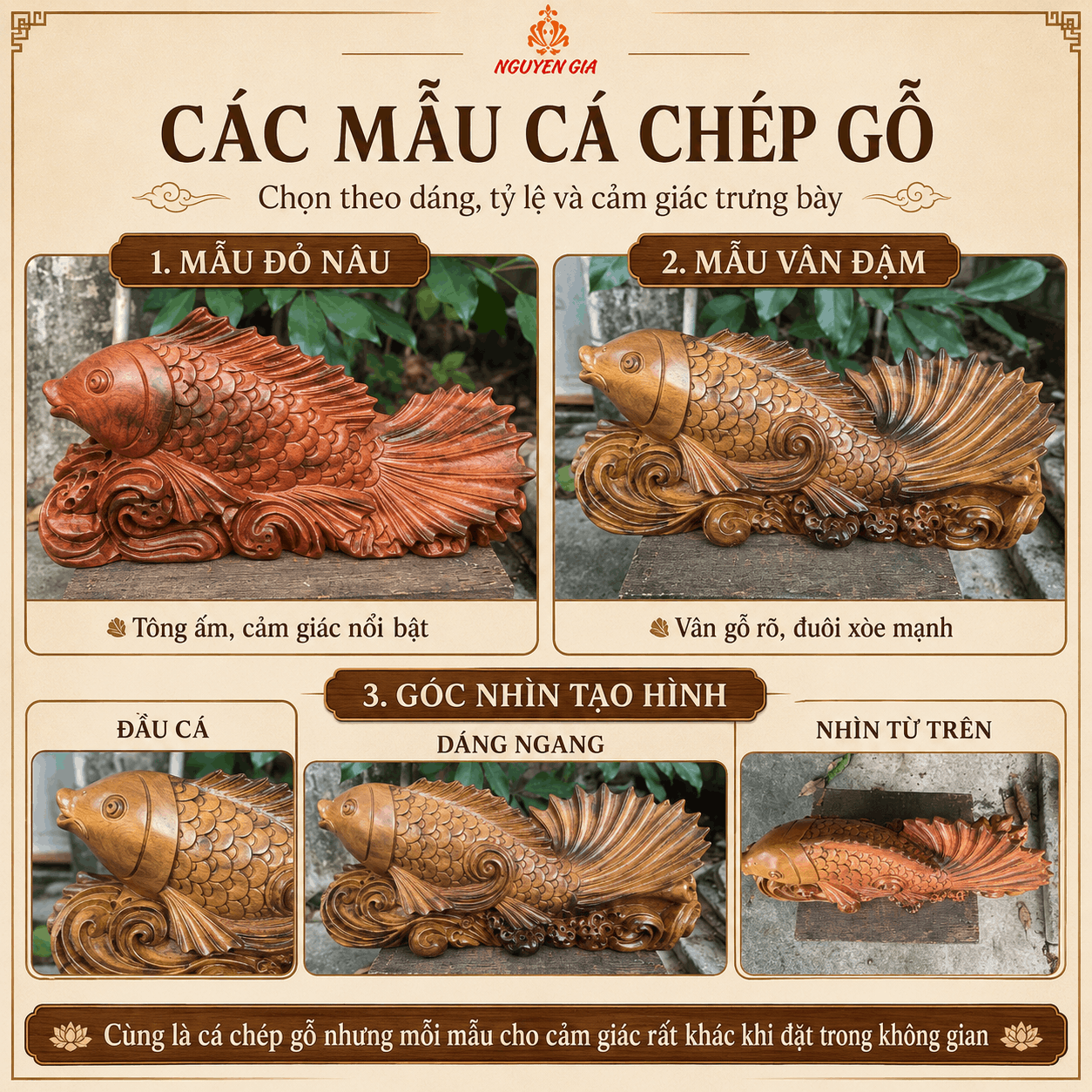 Tượng c&aacute; ch&eacute;p phong thủy bằng gỗ: &yacute; nghĩa, c&aacute;c kiểu tạo h&igrave;nh v&agrave; c&aacute;ch chọn