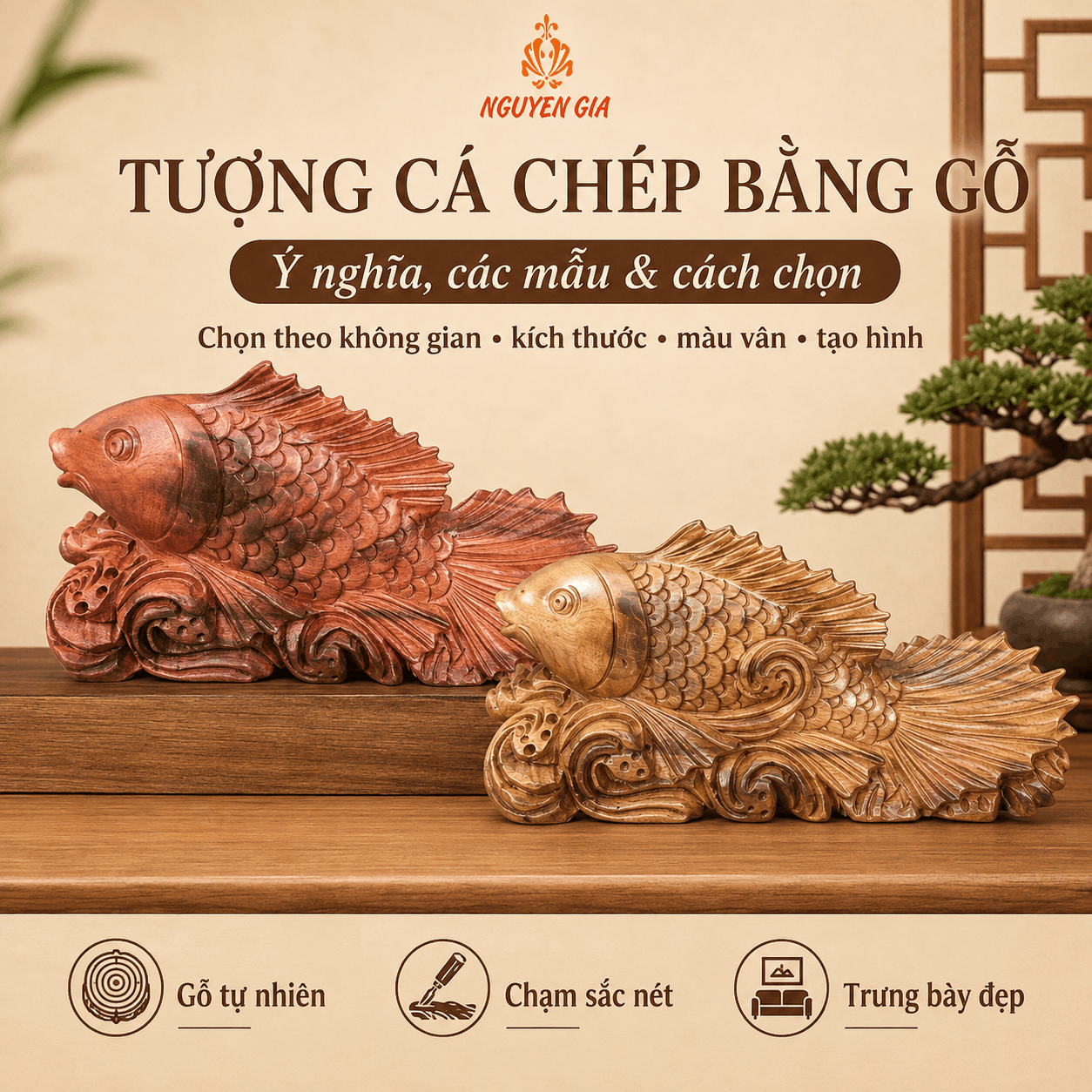 Tượng c&aacute; ch&eacute;p phong thủy bằng gỗ: &yacute; nghĩa, c&aacute;c kiểu tạo h&igrave;nh v&agrave; c&aacute;ch chọn