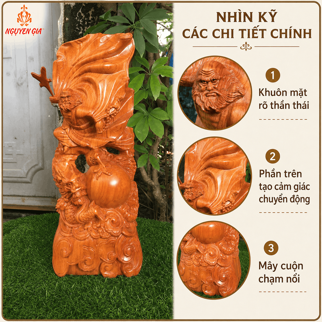 Tượng Đạt Ma Sư Tổ Ngự Long Múa Võ Cưỡi Rồng Gỗ Hương Cao 50 cm