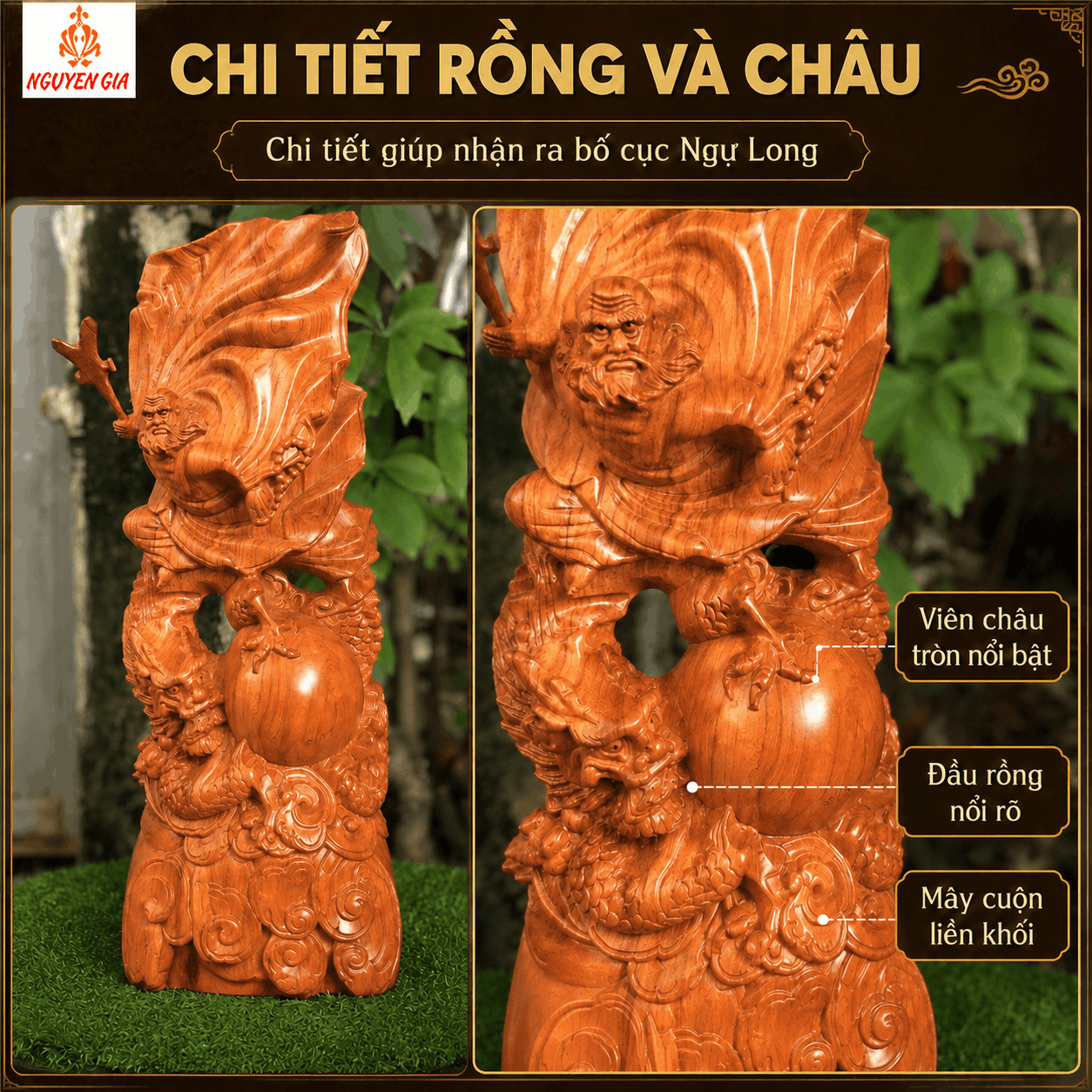 Tượng Đạt Ma Sư Tổ Ngự Long Múa Võ Cưỡi Rồng Gỗ Hương Cao 50 cm