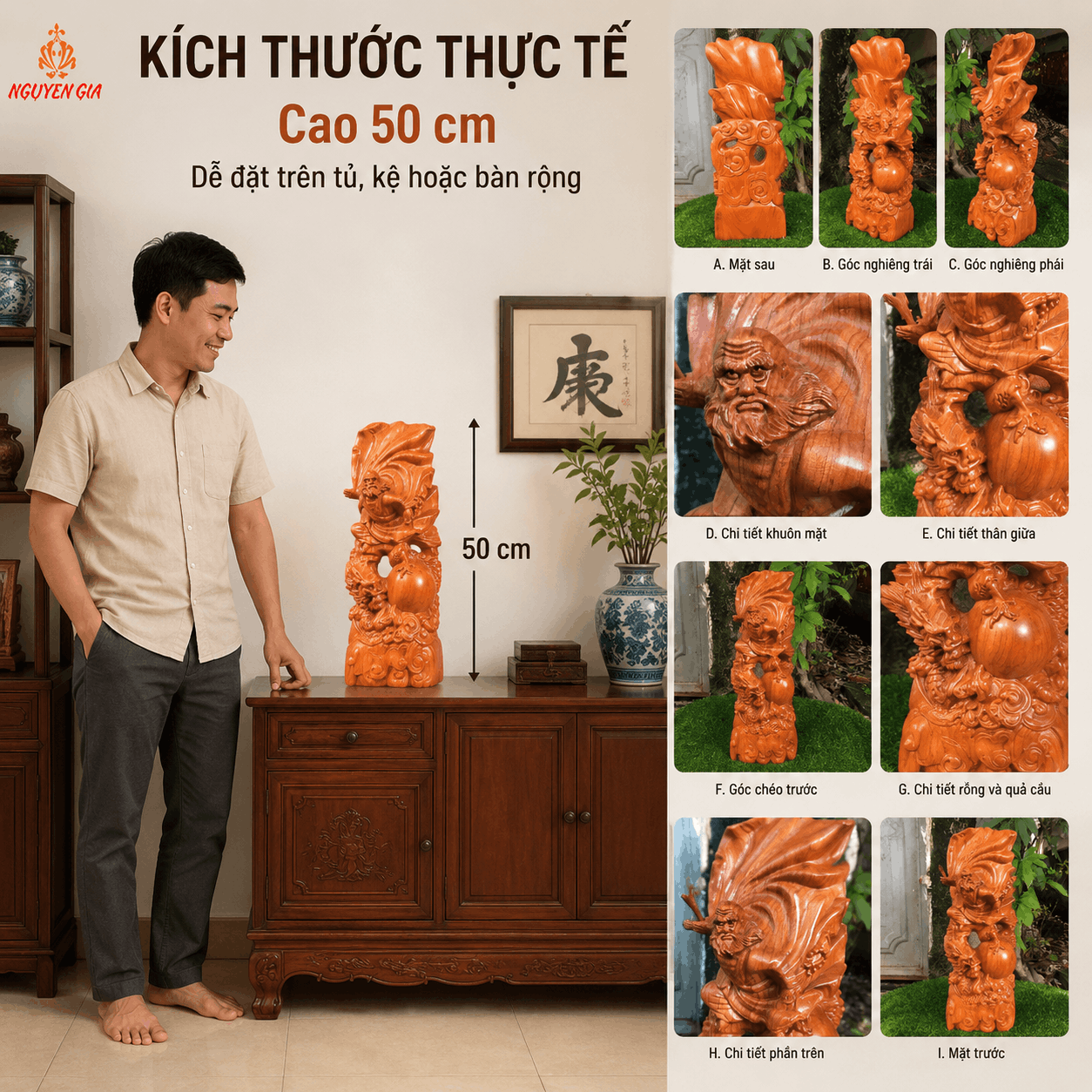 Tượng Đạt Ma Sư Tổ Ngự Long Múa Võ Cưỡi Rồng Gỗ Hương Cao 50 cm