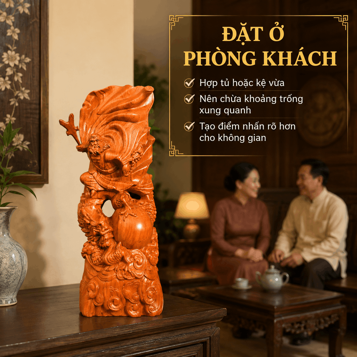 Tượng Đạt Ma Sư Tổ Ngự Long Múa Võ Cưỡi Rồng Gỗ Hương Cao 50 cm