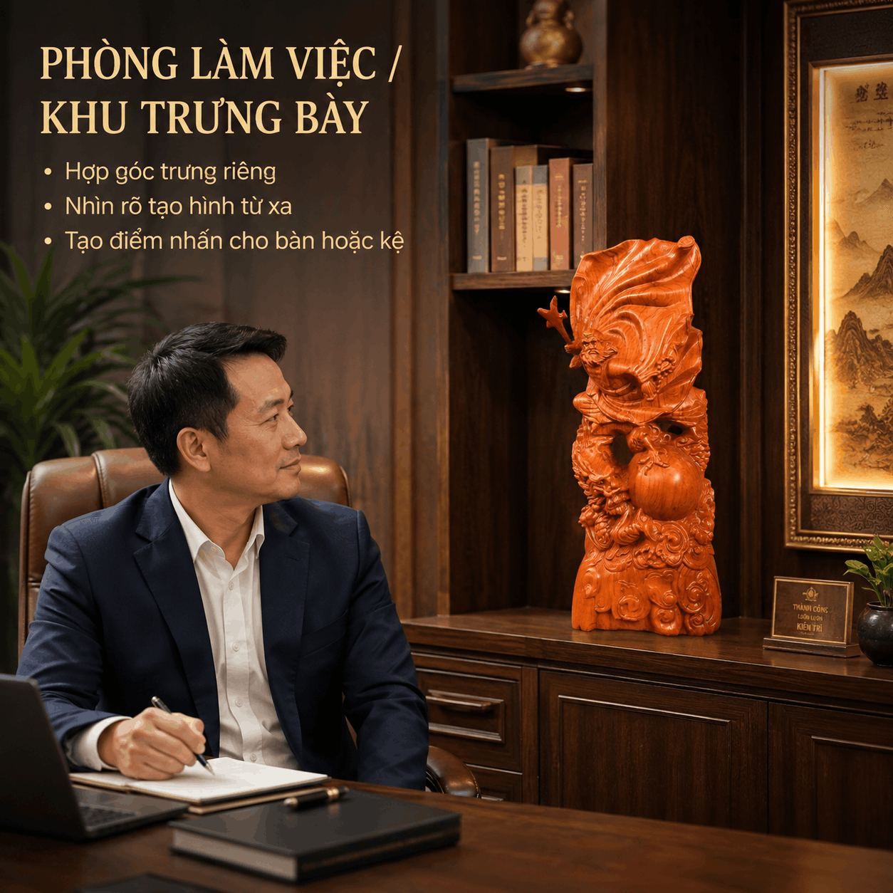 Tượng Đạt Ma Sư Tổ Ngự Long Múa Võ Cưỡi Rồng Gỗ Hương Cao 50 cm