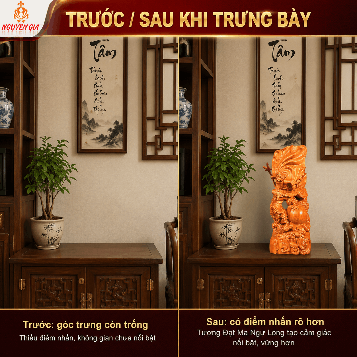 Tượng Đạt Ma Sư Tổ Ngự Long Múa Võ Cưỡi Rồng Gỗ Hương Cao 50 cm