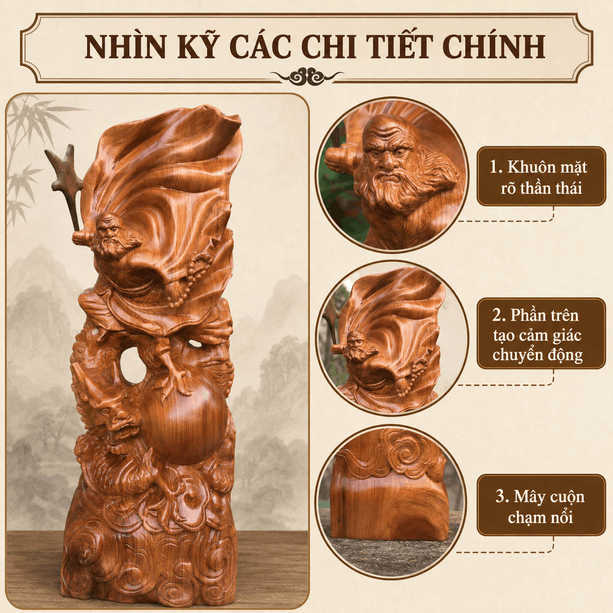 Tượng Đạt Ma Sư Tổ Ngự Long Múa Võ Cưỡi Rồng Gỗ Ngọc Am Cao 40 cm