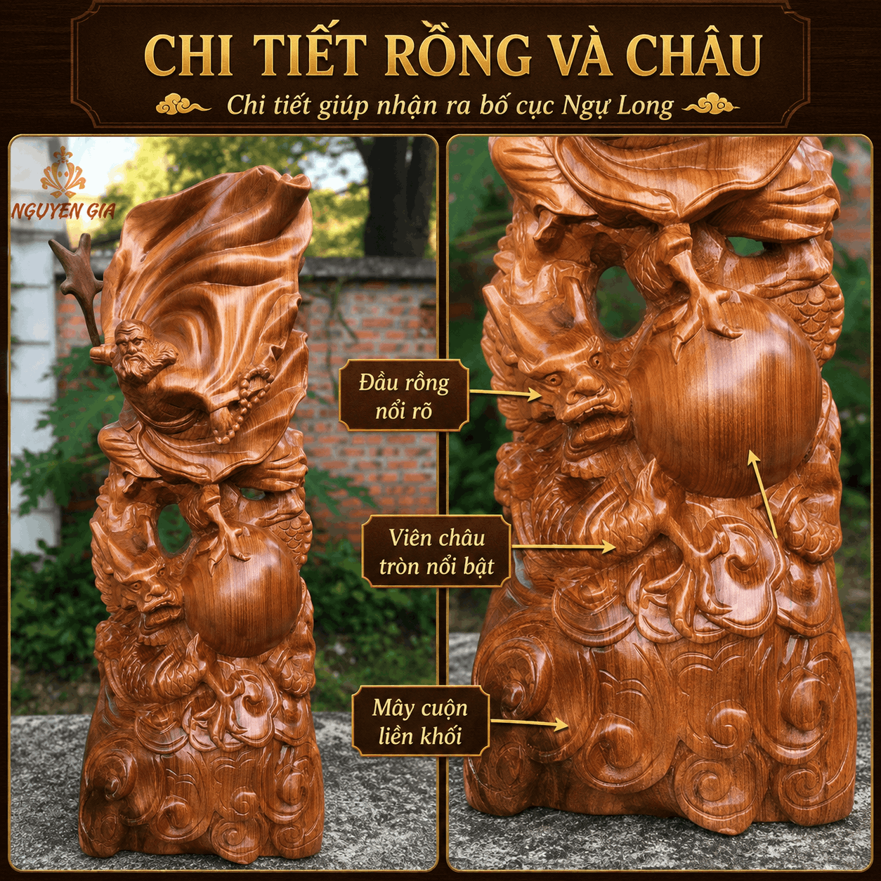 Tượng Đạt Ma Sư Tổ Ngự Long Múa Võ Cưỡi Rồng Gỗ Ngọc Am Cao 40 cm