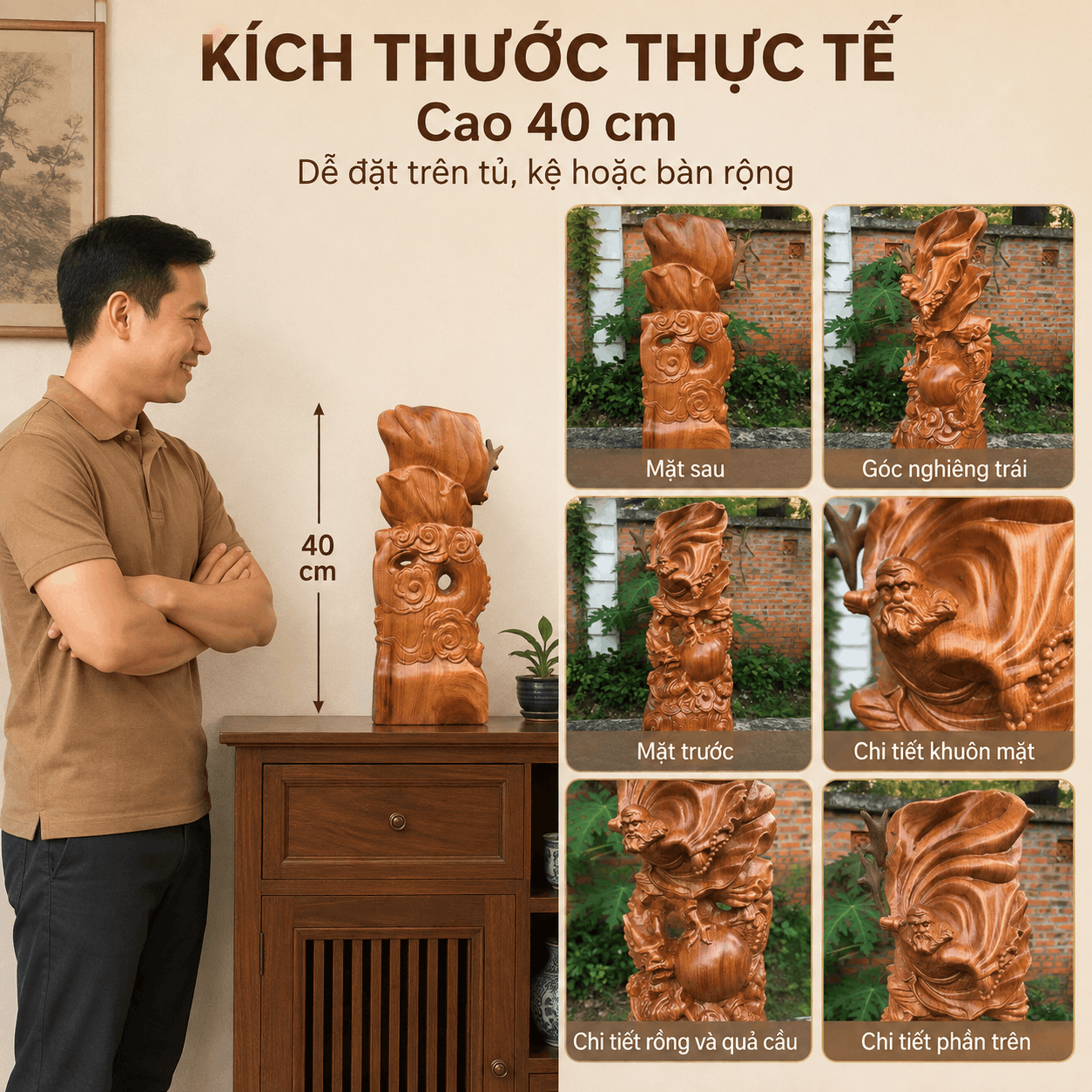 Tượng Đạt Ma Sư Tổ Ngự Long Múa Võ Cưỡi Rồng Gỗ Ngọc Am Cao 40 cm