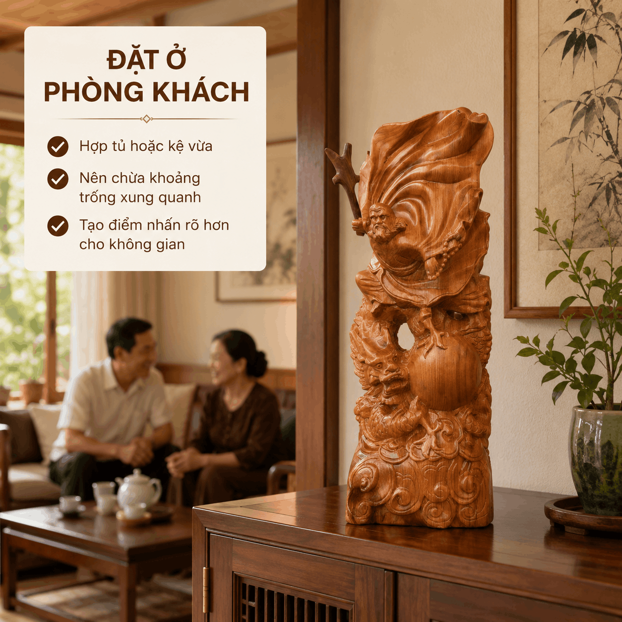 Tượng Đạt Ma Sư Tổ Ngự Long Múa Võ Cưỡi Rồng Gỗ Ngọc Am Cao 40 cm