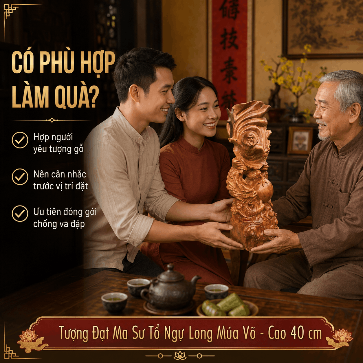 Tượng Đạt Ma Sư Tổ Ngự Long Múa Võ Cưỡi Rồng Gỗ Ngọc Am Cao 40 cm