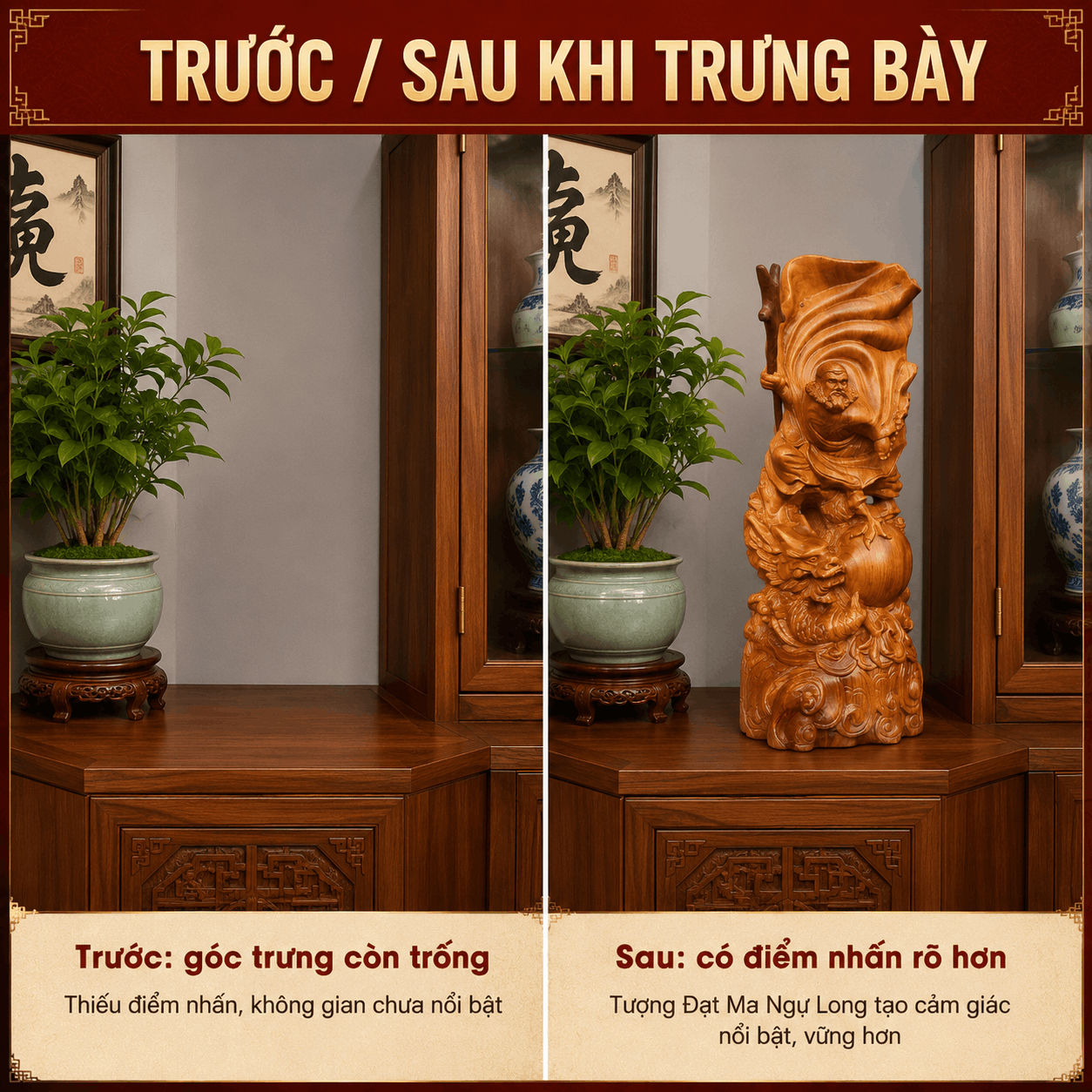 Tượng Đạt Ma Sư Tổ Ngự Long Múa Võ Cưỡi Rồng Gỗ Ngọc Am Cao 40 cm