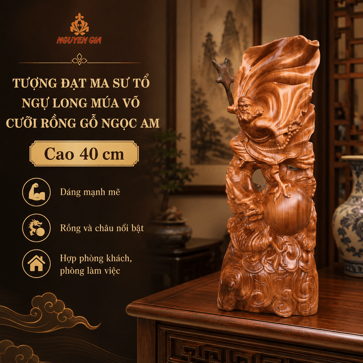 Tượng Đạt Ma Sư Tổ Ngự Long Múa Võ Cưỡi Rồng Gỗ Ngọc Am Cao 40 cm