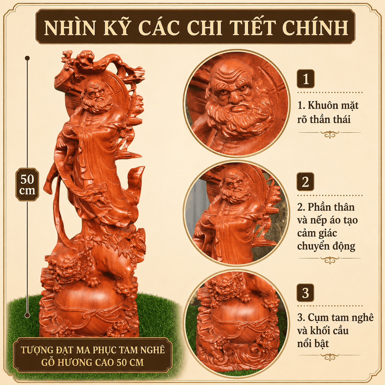 Tượng Đạt Ma Phục Tam Nghê Gỗ Hương Cao 50 cm