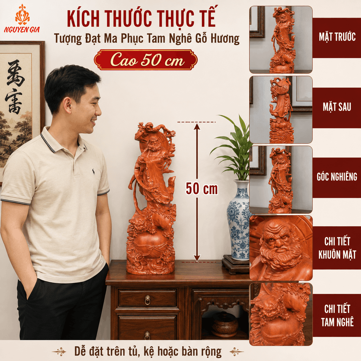 Tượng Đạt Ma Phục Tam Nghê Gỗ Hương Cao 50 cm