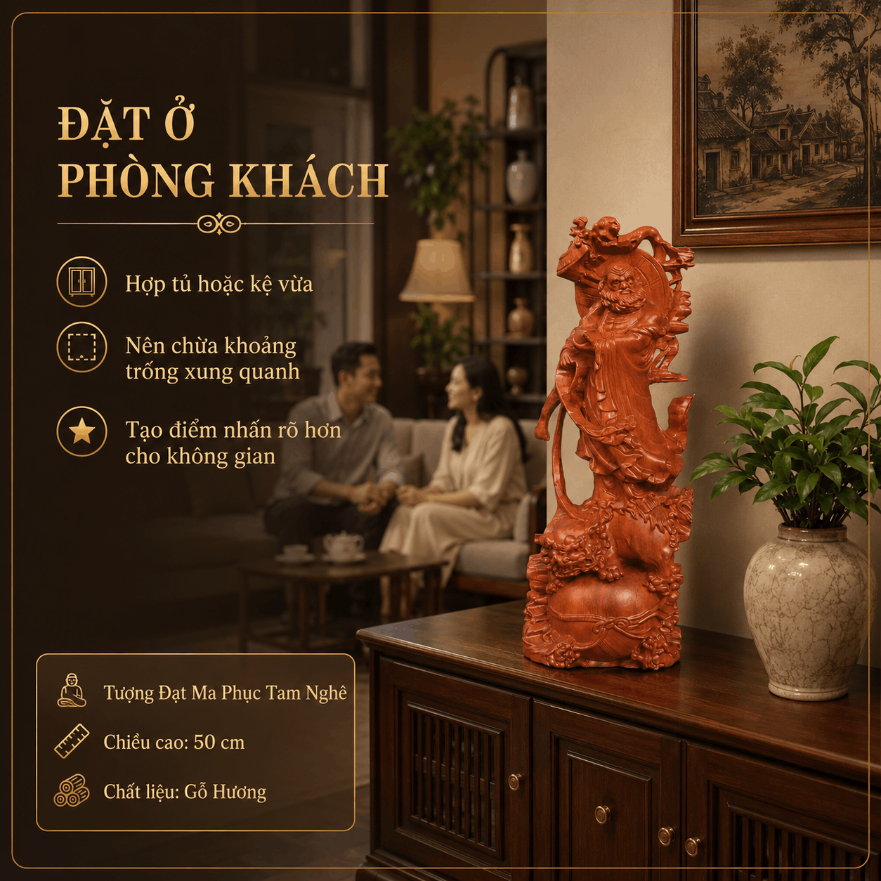 Tượng Đạt Ma Phục Tam Nghê Gỗ Hương Cao 50 cm
