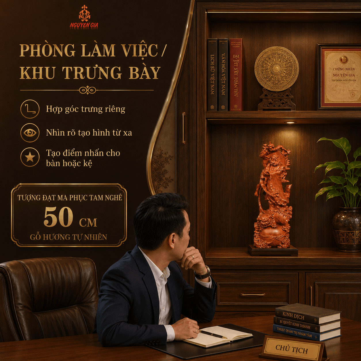 Tượng Đạt Ma Phục Tam Nghê Gỗ Hương Cao 50 cm
