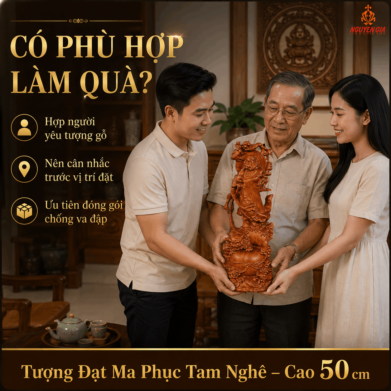Tượng Đạt Ma Phục Tam Nghê Gỗ Hương Cao 50 cm