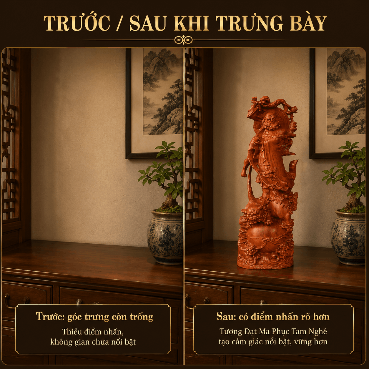 Tượng Đạt Ma Phục Tam Nghê Gỗ Hương Cao 50 cm