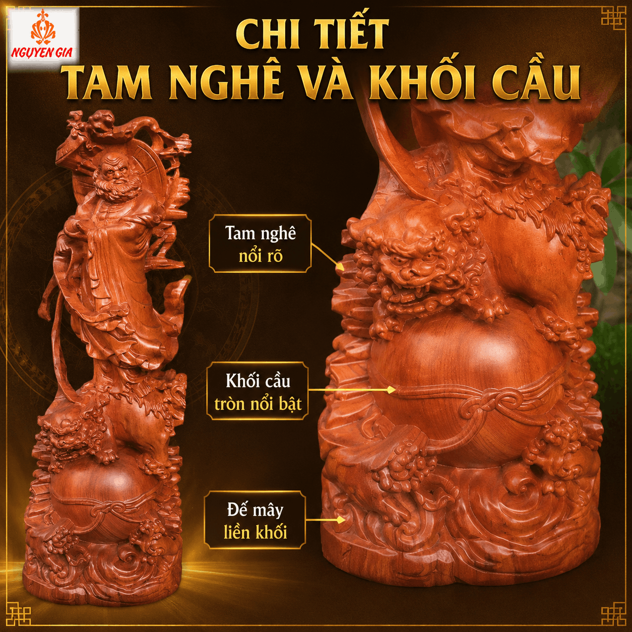 Tượng Đạt Ma Phục Tam Nghê Gỗ Hương Cao 50 cm