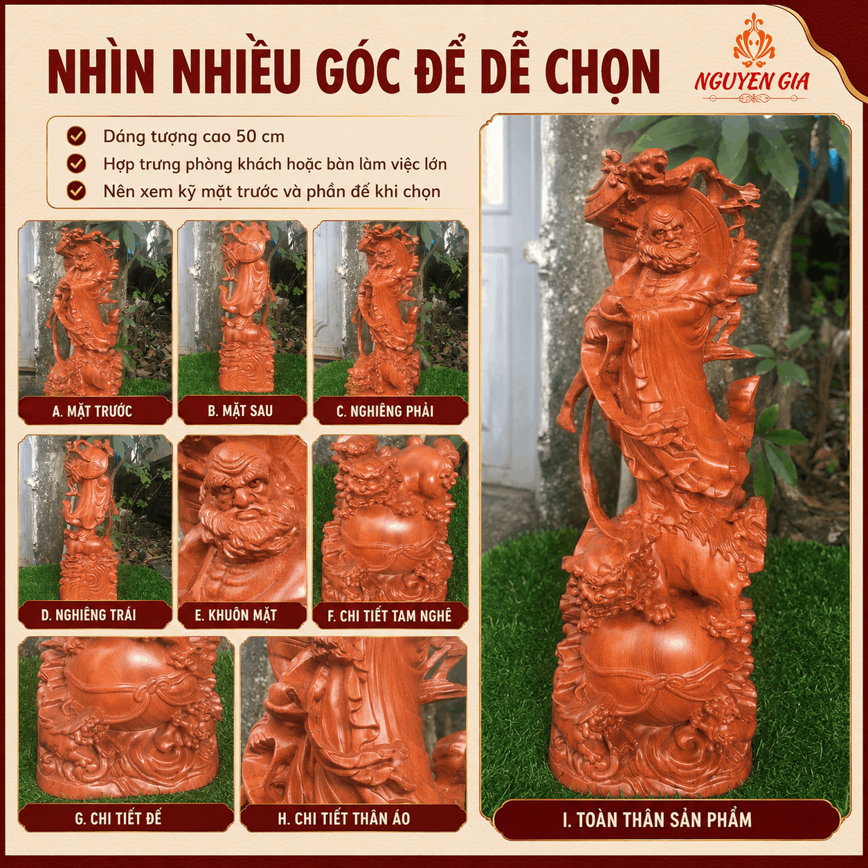 Tượng Đạt Ma Phục Tam Nghê Gỗ Hương Cao 50 cm