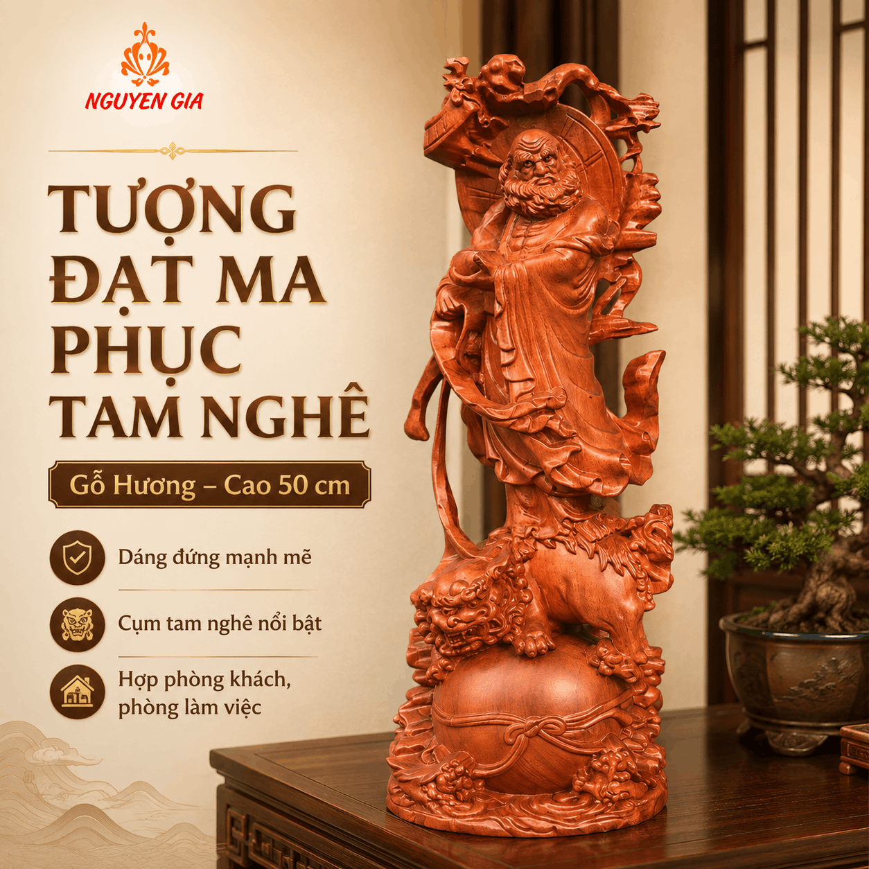 Tượng Đạt Ma Phục Tam Nghê Gỗ Hương Cao 50 cm