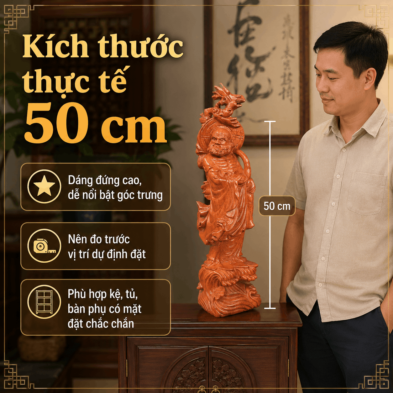 Tượng Đạt Ma Quá Hải Gỗ Hương Cao 50 cm