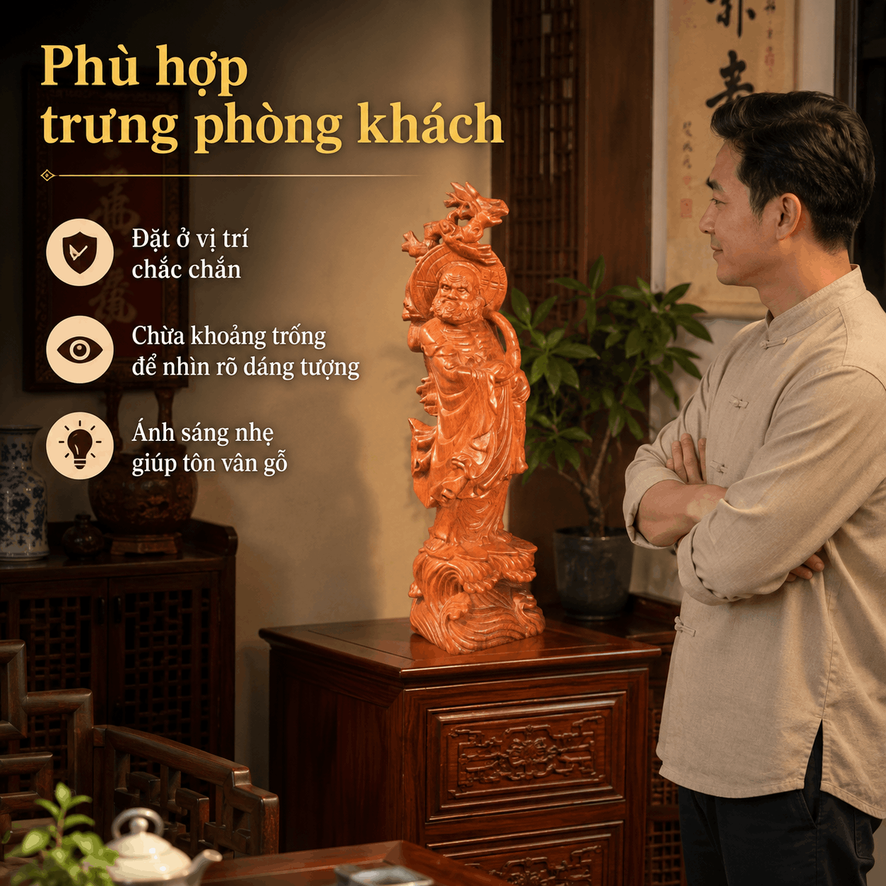 Tượng Đạt Ma Quá Hải Gỗ Hương Cao 50 cm
