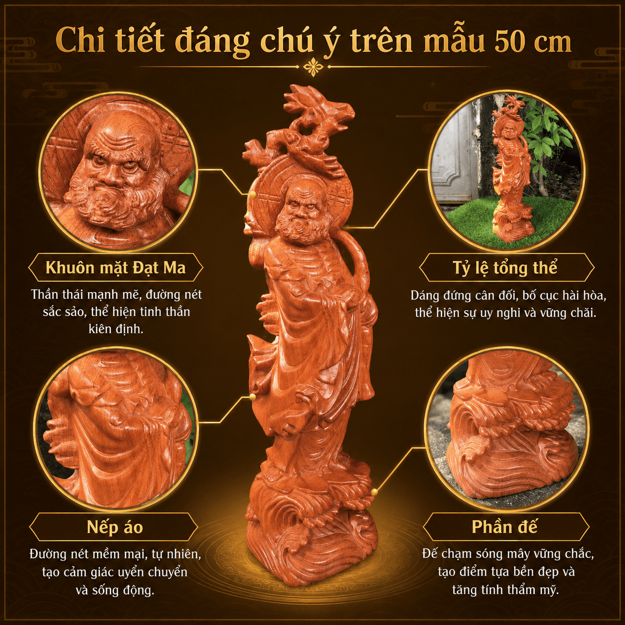 Tượng Đạt Ma Quá Hải Gỗ Hương Cao 50 cm