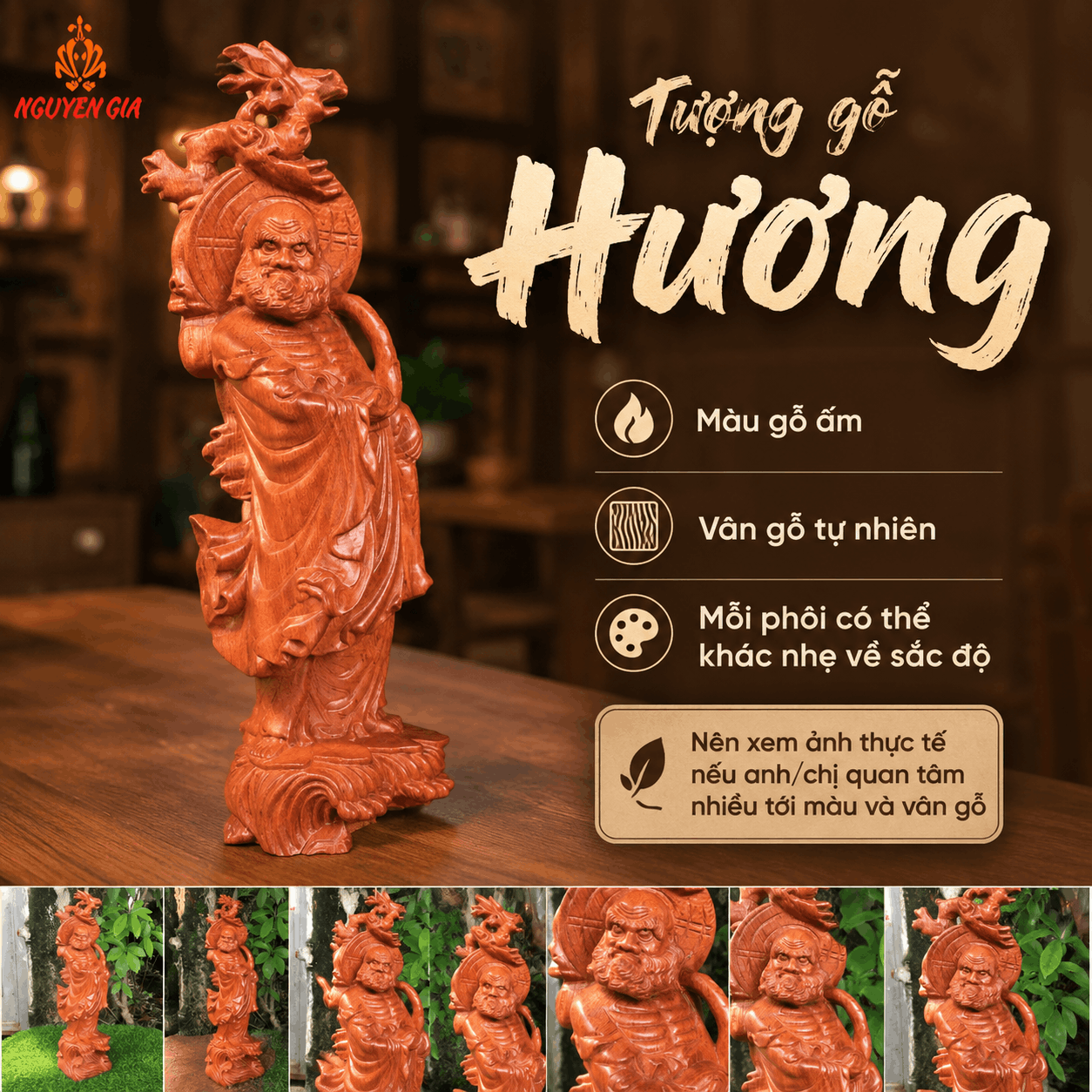 Tượng Đạt Ma Quá Hải Gỗ Hương Cao 50 cm