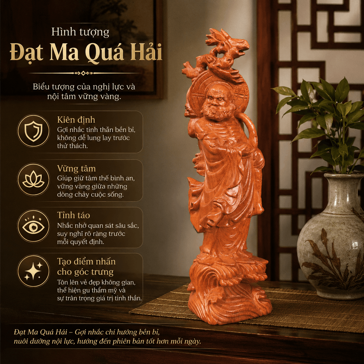 Tượng Đạt Ma Quá Hải Gỗ Hương Cao 50 cm