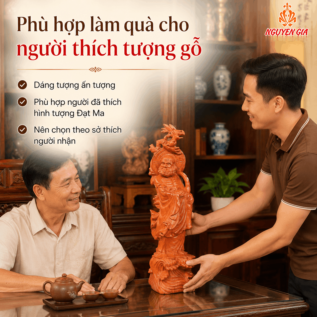 Tượng Đạt Ma Quá Hải Gỗ Hương Cao 50 cm