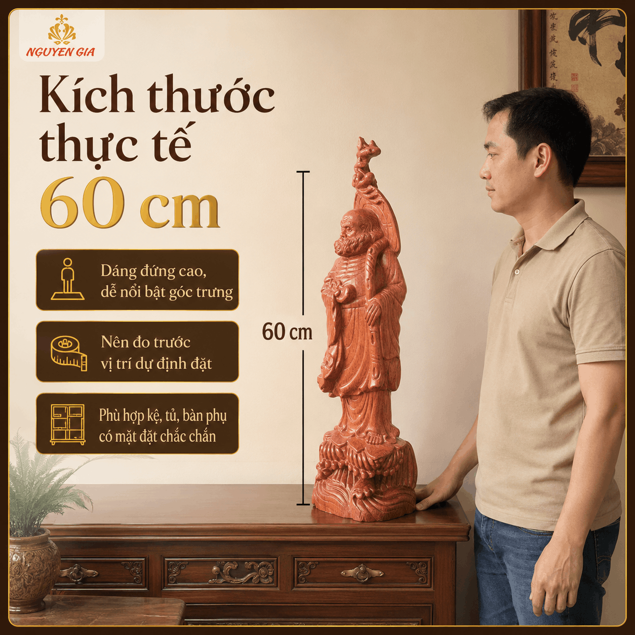 Tượng Đạt Ma Quá Hải Gỗ Hương Cao 60 cm