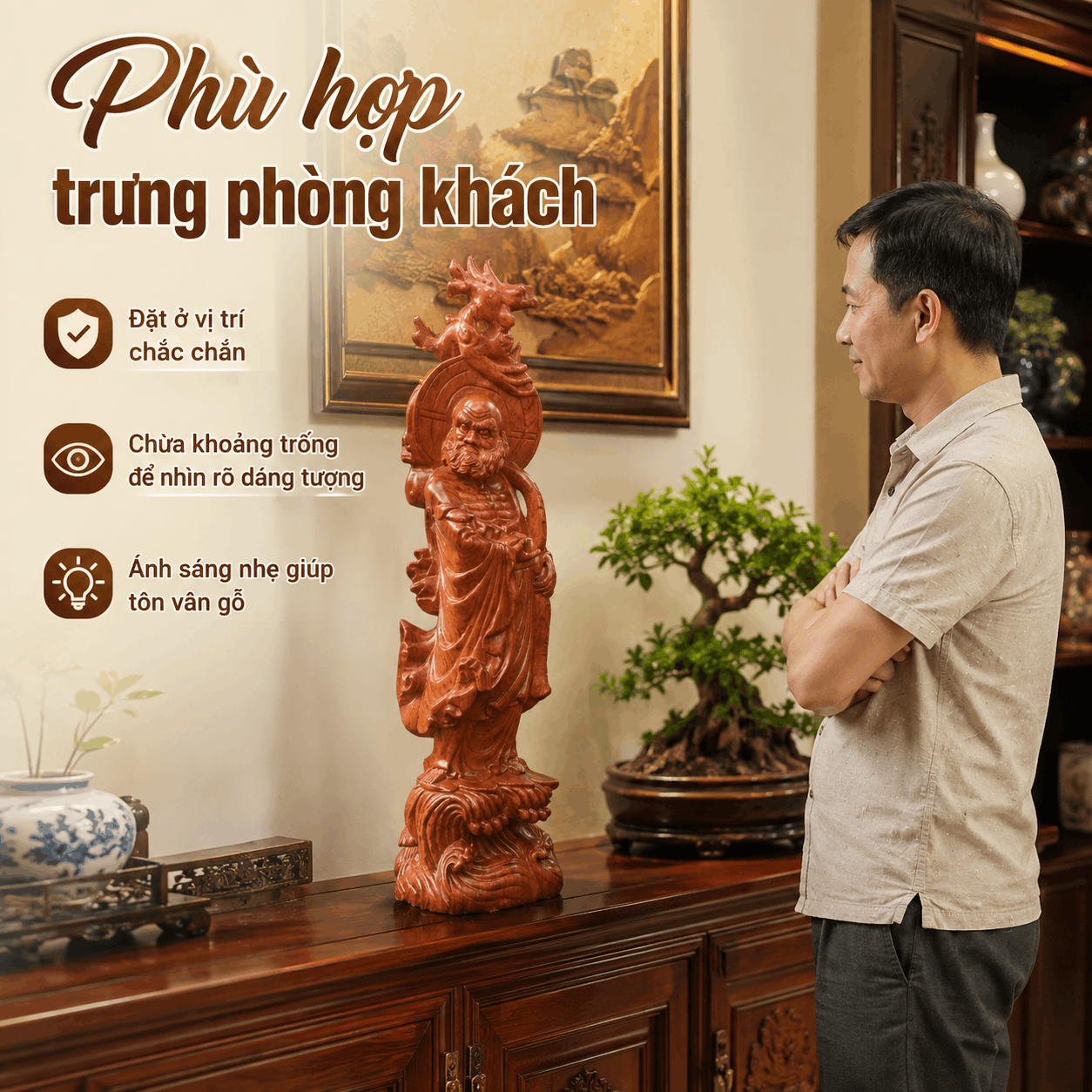 Tượng Đạt Ma Quá Hải Gỗ Hương Cao 60 cm