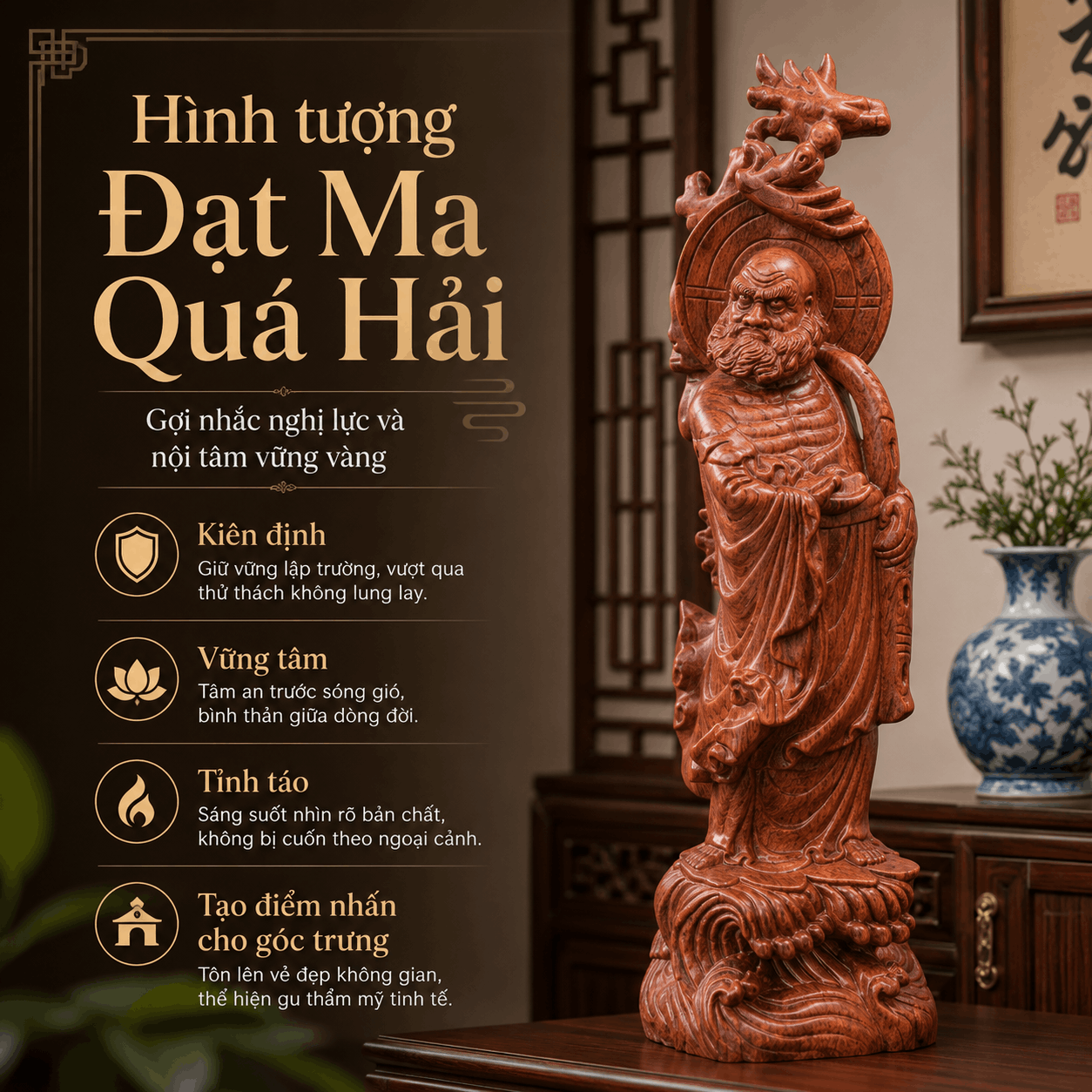 Tượng Đạt Ma Quá Hải Gỗ Hương Cao 60 cm