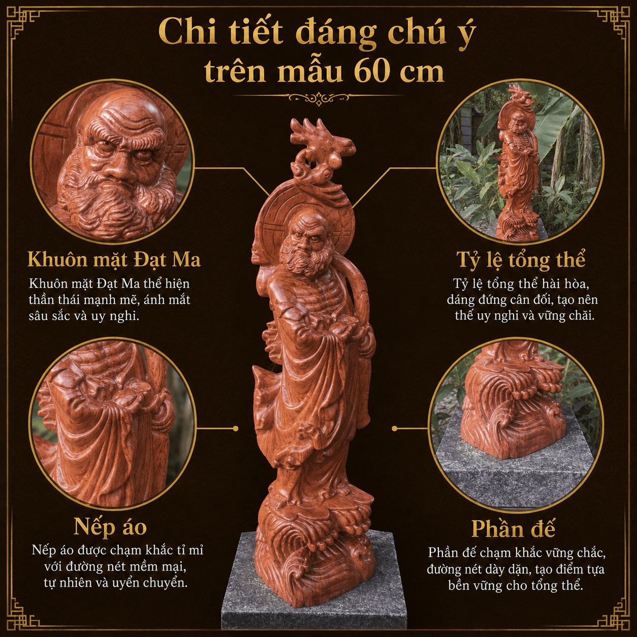 Tượng Đạt Ma Quá Hải Gỗ Hương Cao 60 cm