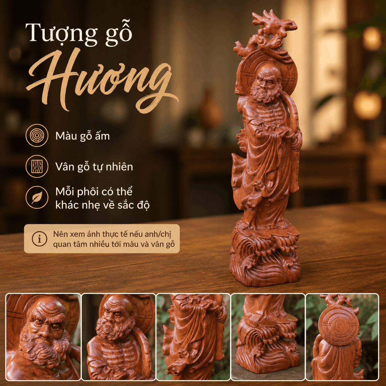 Tượng Đạt Ma Quá Hải Gỗ Hương Cao 60 cm