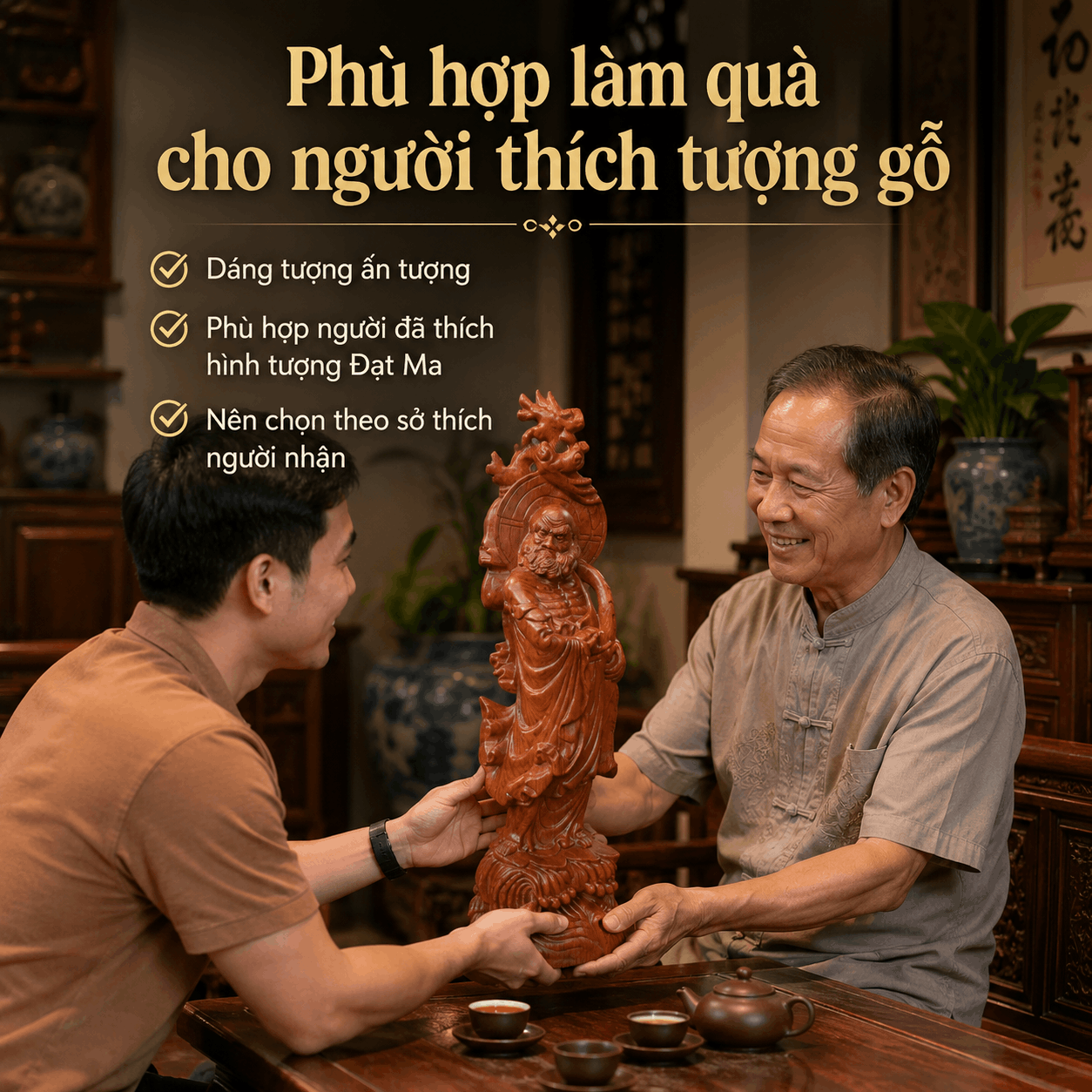 Tượng Đạt Ma Quá Hải Gỗ Hương Cao 60 cm