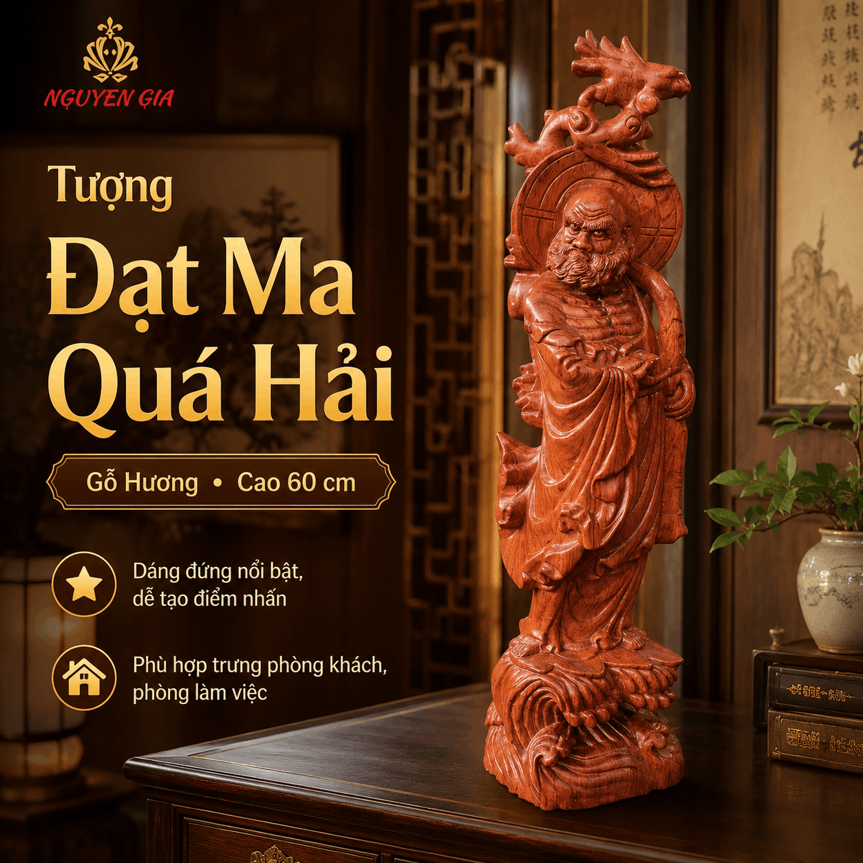 Tượng Đạt Ma Quá Hải Gỗ Hương Cao 60 cm