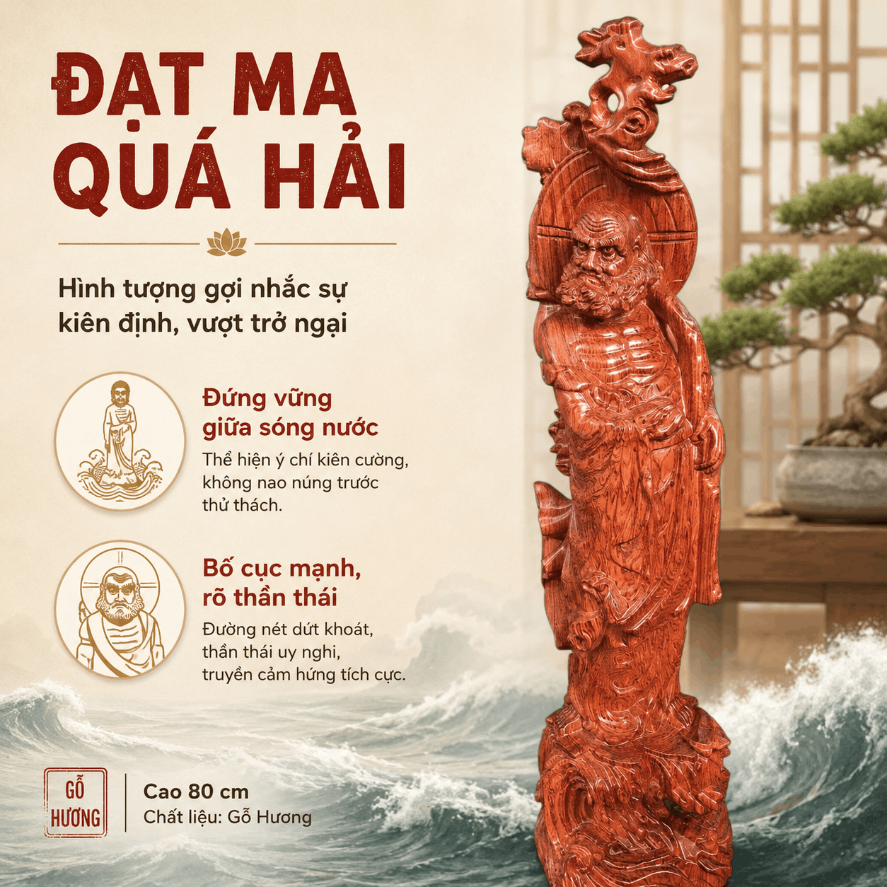Tượng Đạt Ma Quá Hải Gỗ Hương Cao 80 cm