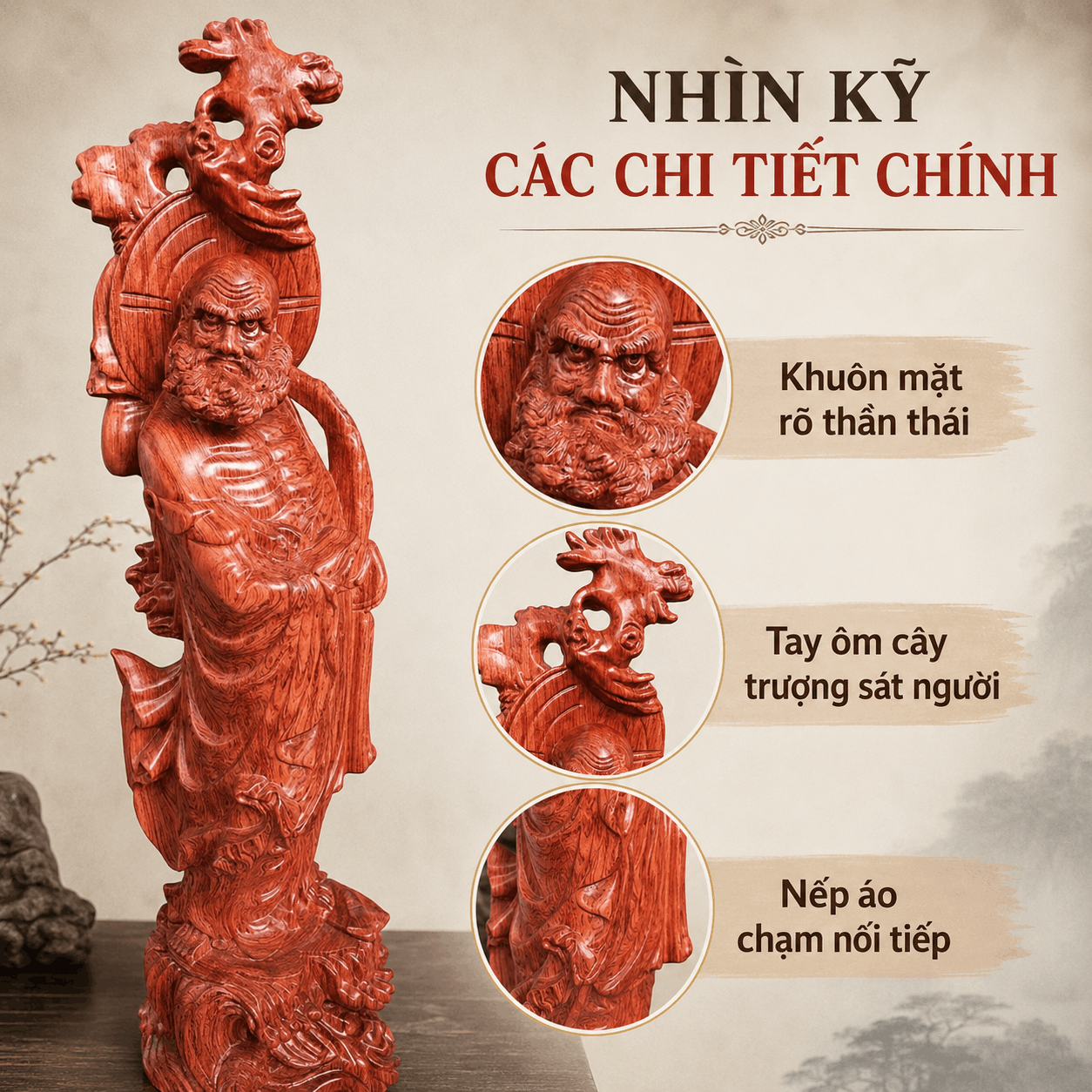Tượng Đạt Ma Quá Hải Gỗ Hương Cao 80 cm