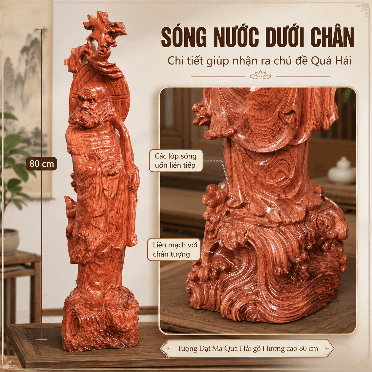 Tượng Đạt Ma Quá Hải Gỗ Hương Cao 80 cm