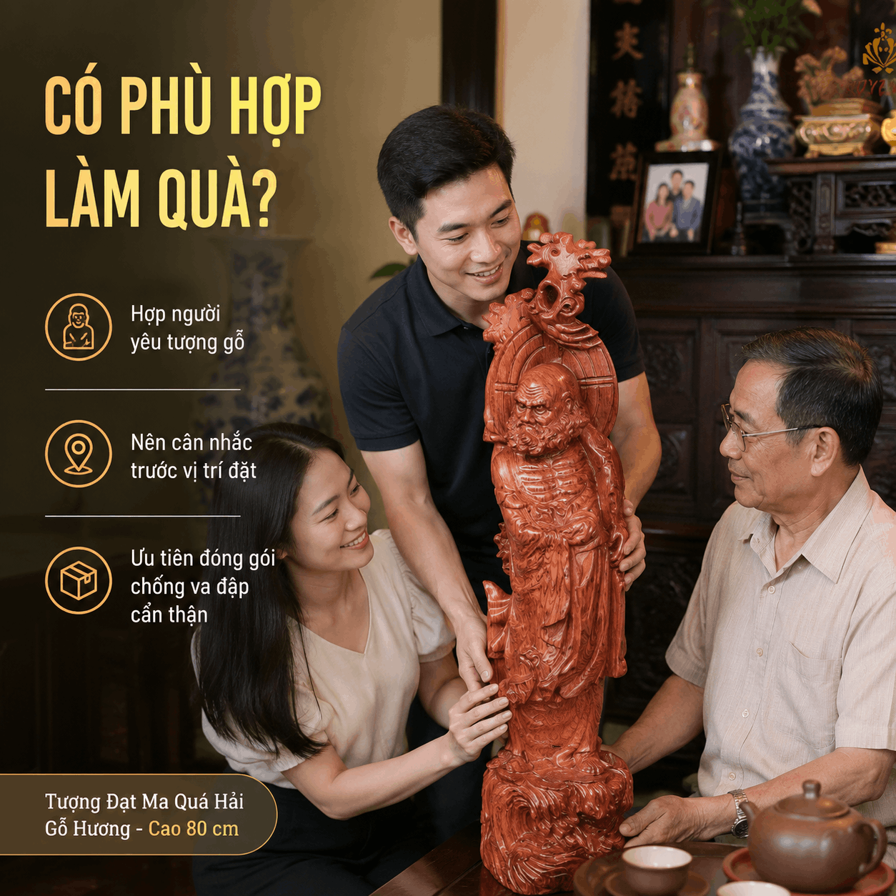 Tượng Đạt Ma Quá Hải Gỗ Hương Cao 80 cm